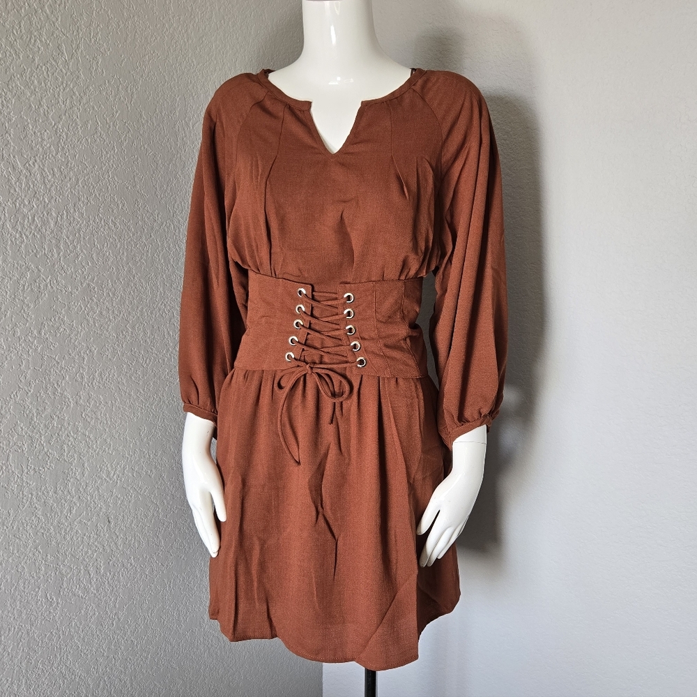 Entro Rust Lace-Up Long Sleeve Dress - Picture 2 of 8
